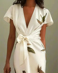 Sophie | Vestito midi incrociato a V con stampa foglie da donna