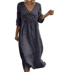 Rosalie Abito Lungo Cotone Lino Donna – Scollo a V Maniche 3/4 Stile Bohemien