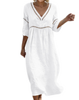 Rosalie Abito Lungo Cotone Lino Donna – Scollo a V Maniche 3/4 Stile Bohemien