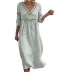Rosalie Abito Lungo Cotone Lino Donna – Scollo a V Maniche 3/4 Stile Bohemien