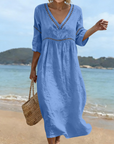 Rosalie Abito Lungo Cotone Lino Donna – Scollo a V Maniche 3/4 Stile Bohemien