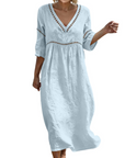 Rosalie Abito Lungo Cotone Lino Donna – Scollo a V Maniche 3/4 Stile Bohemien
