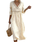 Rosalie Abito Lungo Cotone Lino Donna – Scollo a V Maniche 3/4 Stile Bohemien
