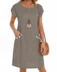 Joyce Vestito Lin Femme – Vestito Midi A-Line Collo Tondo Tasche Estate Casual