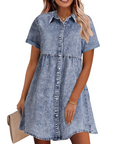 Vestito Camicia Donna in Denim Emma – Vestito Babydoll con Bottoni e Volant Sovrapposti