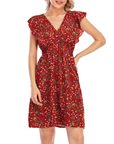 Vestito Mini Ada da Donna – Mousseline Floreale con Scollo a V e Volant Rosso