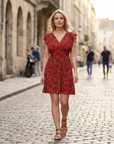 Vestito Mini Ada da Donna – Mousseline Floreale con Scollo a V e Volant Rosso