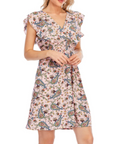 Abito Mini Celeste da Donna – Mousseline Floreale con Scollo a V e Volant Rosa