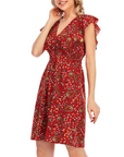 Vestito Mini Ada da Donna – Mousseline Floreale con Scollo a V e Volant Rosso