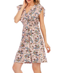 Abito Mini Celeste da Donna – Mousseline Floreale con Scollo a V e Volant Rosa
