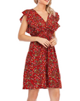 Vestito Mini Ada da Donna – Mousseline Floreale con Scollo a V e Volant Rosso