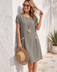 Joyce Vestito Lin Femme – Vestito Midi A-Line Collo Tondo Tasche Estate Casual