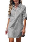 Elise Camicia Vestito Donna – A Righe Collo a V Maniche Lunghe con Bottoni