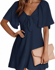 Vestito Mini Sloane Donna Estate – Scollo a V Profondo Maniche Corte e Fiocco