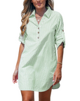 Elise Camicia Vestito Donna – A Righe Collo a V Maniche Lunghe con Bottoni