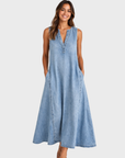 Vestito Donna Rochelle Senza Maniche – Denim Leggero, Scollo a V e Taglio Svasato Estivo