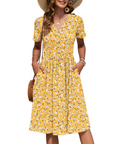 Vestito Donna Ester – Abito Estivo Midi con Scollo a V, Maniche Corte, Bottoni, Vita Impero, Tasche