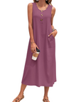 Julia Vestito Donna – Vestito Maxi A-Line Senza Maniche Con Bottoni E Tasche Estate Casual