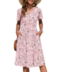 Vestito Donna Ester – Abito Estivo Midi con Scollo a V, Maniche Corte, Bottoni, Vita Impero, Tasche