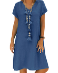 Salome Abito Donna – Scollo a V Cotone Lino, Maniche Corte & Taglio A-Line Midi con Tasche Estate
