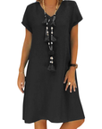 Salome Abito Donna – Scollo a V Cotone Lino, Maniche Corte & Taglio A-Line Midi con Tasche Estate