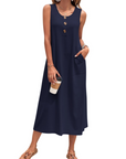 Julia Vestito Donna – Vestito Maxi A-Line Senza Maniche Con Bottoni E Tasche Estate Casual
