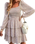 Léa Abito Donna – Abito Bohemien Mini con Scollo Quadrato, Arricciato, Vita Alta, Maniche Lunghe e Volant