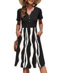 Vestito Donna Ester – Abito Estivo Midi con Scollo a V, Maniche Corte, Bottoni, Vita Impero, Tasche