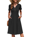Vestito Donna Ester – Abito Estivo Midi con Scollo a V, Maniche Corte, Bottoni, Vita Impero, Tasche