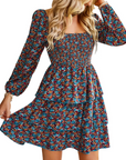 Léa Abito Donna – Abito Bohemien Mini con Scollo Quadrato, Arricciato, Vita Alta, Maniche Lunghe e Volant