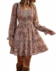 Léa Abito Donna – Abito Bohemien Mini con Scollo Quadrato, Arricciato, Vita Alta, Maniche Lunghe e Volant