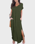 Rosenda Abito Maxi Donna – Scollo a V Maniche Corte, Taglio Fluido e Spacco con Tasche Estate