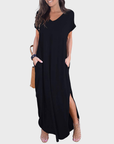 Rosenda Abito Maxi Donna – Scollo a V Maniche Corte, Taglio Fluido e Spacco con Tasche Estate