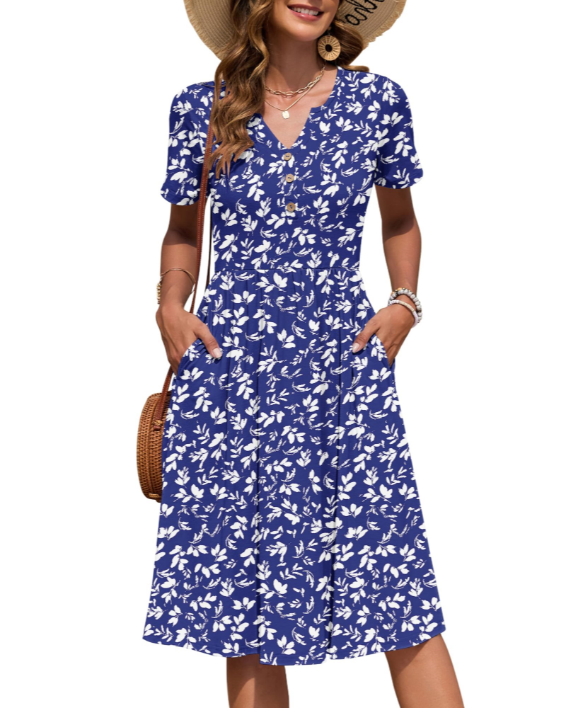 Vestito Donna Ester – Abito Estivo Midi con Scollo a V, Maniche Corte, Bottoni, Vita Impero, Tasche