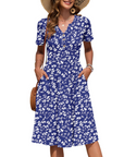 Vestito Donna Ester – Abito Estivo Midi con Scollo a V, Maniche Corte, Bottoni, Vita Impero, Tasche