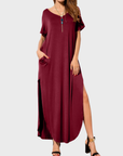 Rosenda Abito Maxi Donna – Scollo a V Maniche Corte, Taglio Fluido e Spacco con Tasche Estate