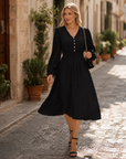 Vestito Emma Donna Midi – Vestito Scollo a V Maniche Lunghe Vita Alta A-Line Elegante