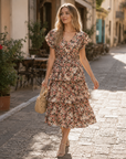 Vestito Emma a fiori a linea A – Vestito estivo con scollo a V e vita arricciata elegante da donna