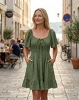 Léa Abito Mini Volants – Abito Estivo Spalle Scoperte Collo Annodato Elegante Donna