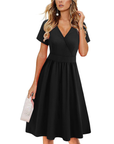 Vestito da donna Evania – Scollo a V incrociato, taglio a linea A e tasche, lunghezza al ginocchio elegante