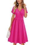 Vestito da donna Evania – Scollo a V incrociato, taglio a linea A e tasche, lunghezza al ginocchio elegante