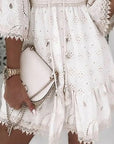 Mini abito boho donna in cotone – collo a V ricamato con nappine
