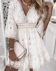 Mini abito boho donna in cotone – collo a V ricamato con nappine