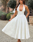 Abito lungo da donna senza maniche in jacquard con scollo a V e collo all'americana