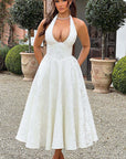 Abito lungo da donna senza maniche in jacquard con scollo a V e collo all'americana