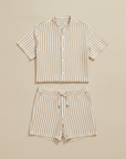 Completo Coordinato Uomo Camicia Lino a Righe e Pantaloncini - Beige e Bianco