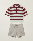 Completo Coordinato Uomo Polo Testurizzata a Righe e Bermuda - Bordeaux e Grigio