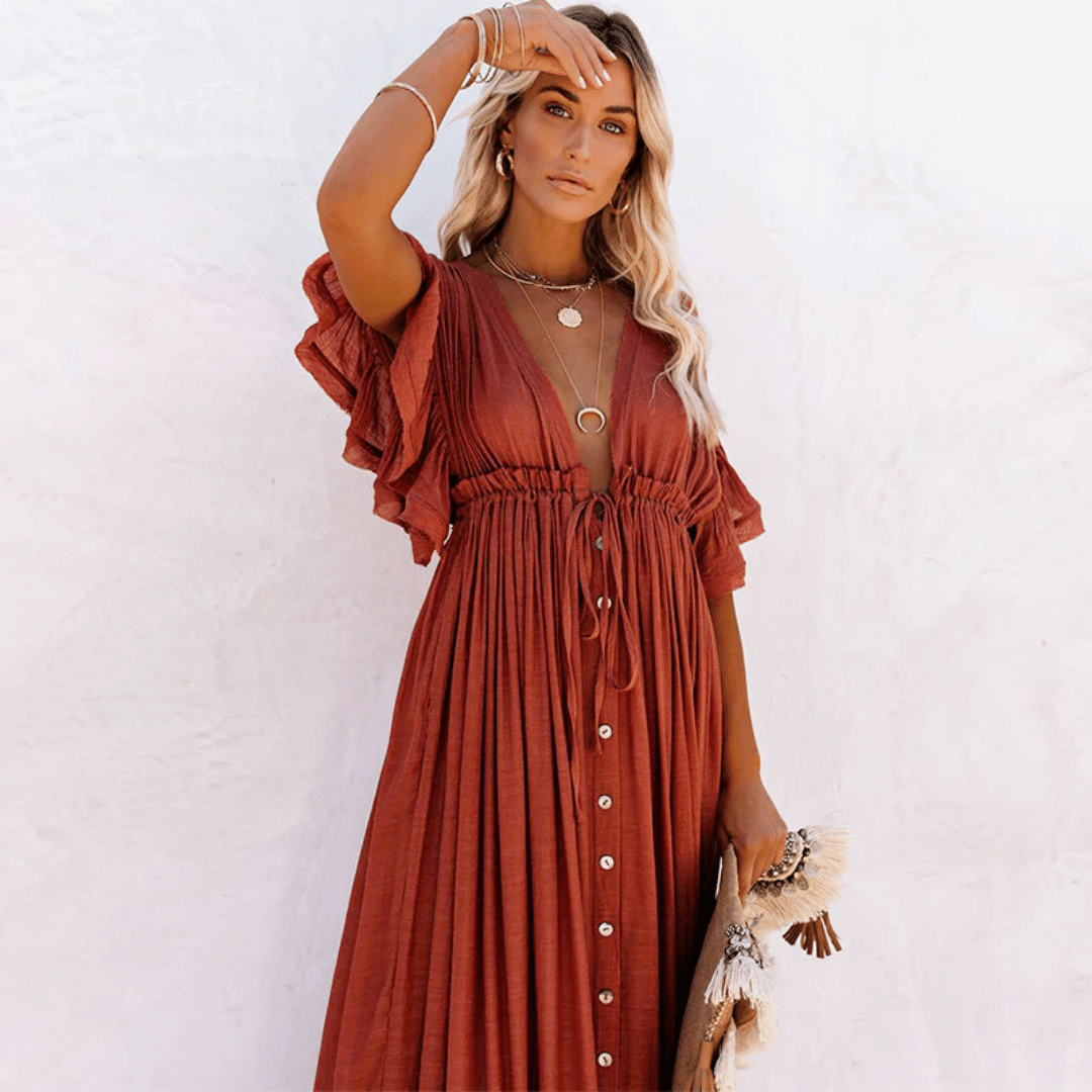 Sildora Vestito Boho Chic per Matrimonio Invitata Donna - Abito Lungo Arancione