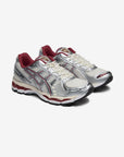 Asics Gel-Kayano 12.1 Silver Burgundy sneakers basse uomo e donna in mesh, pelle sintetica e pelle argento bordeaux, vista fr
