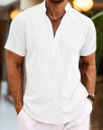 Camicia in lino da uomo Silas - Camicia estiva traspirante con collo Henley e maniche corte